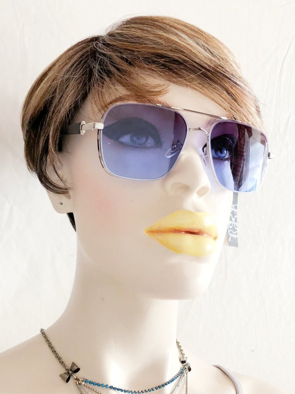 Silver Square Aviator Sunglasses Navy Blue Gradient Lens